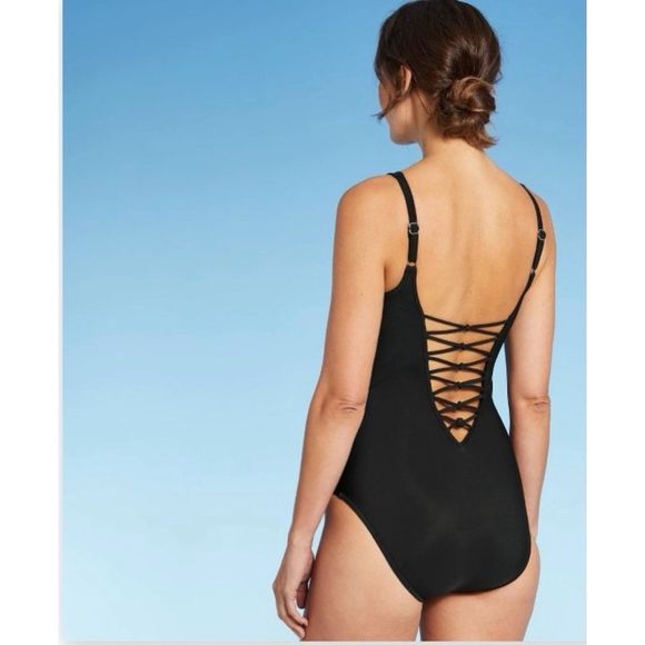 Aqua Green Deep Plunge Black Lace Up One Piece Swimsuit Small New - Picture 2 of 11